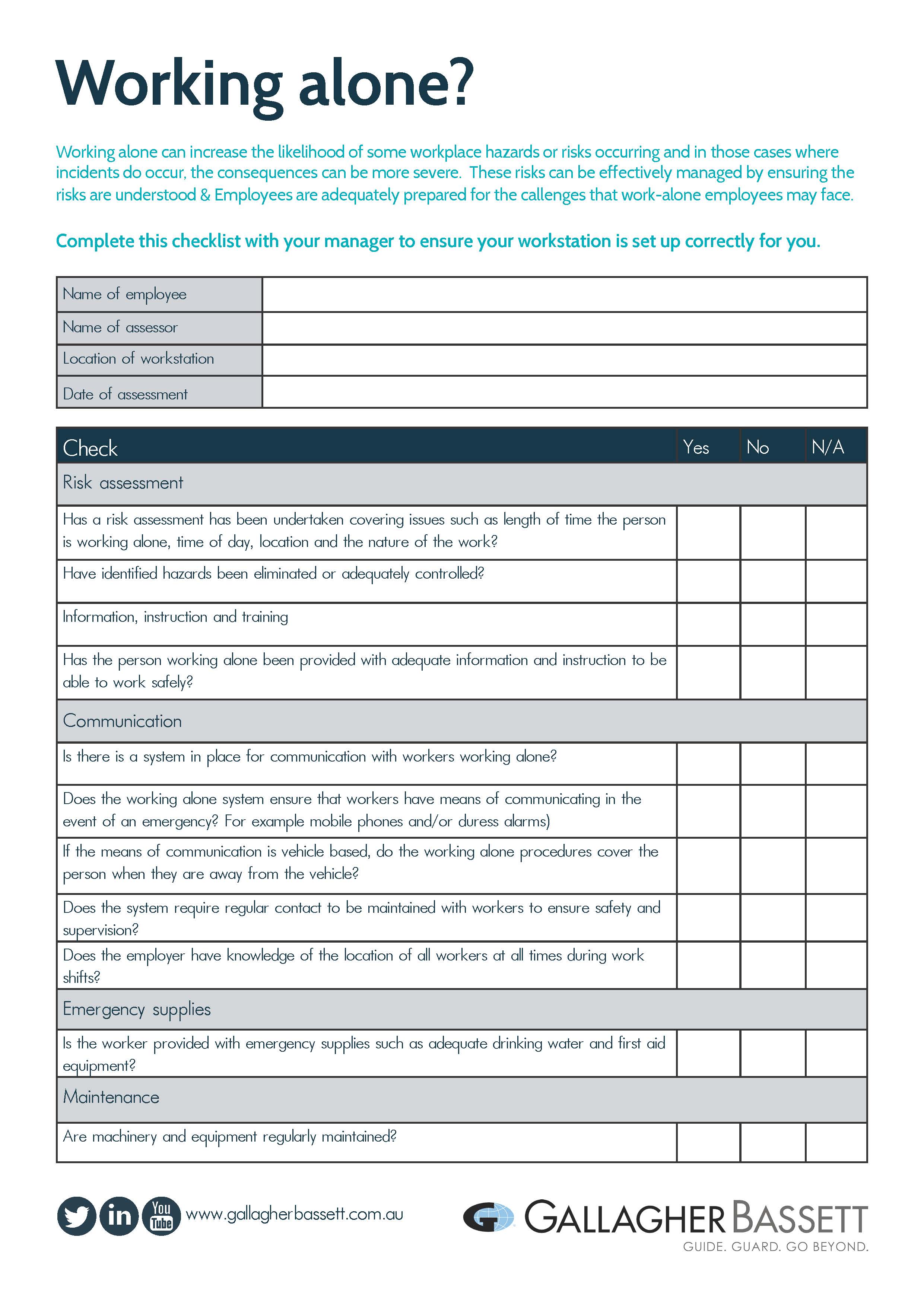 Checklist eliminate the risks involved of employees working alone 